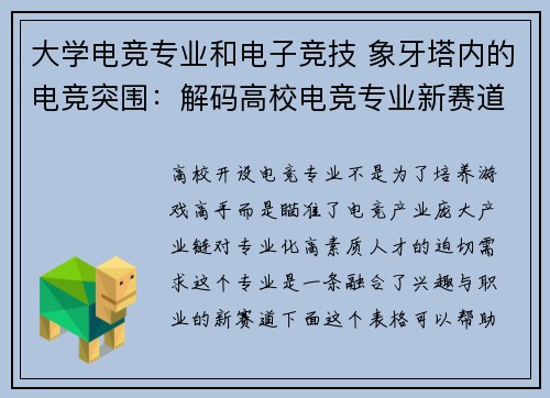 大学电竞专业和电子竞技 象牙塔内的电竞突围：解码高校电竞专业新赛道